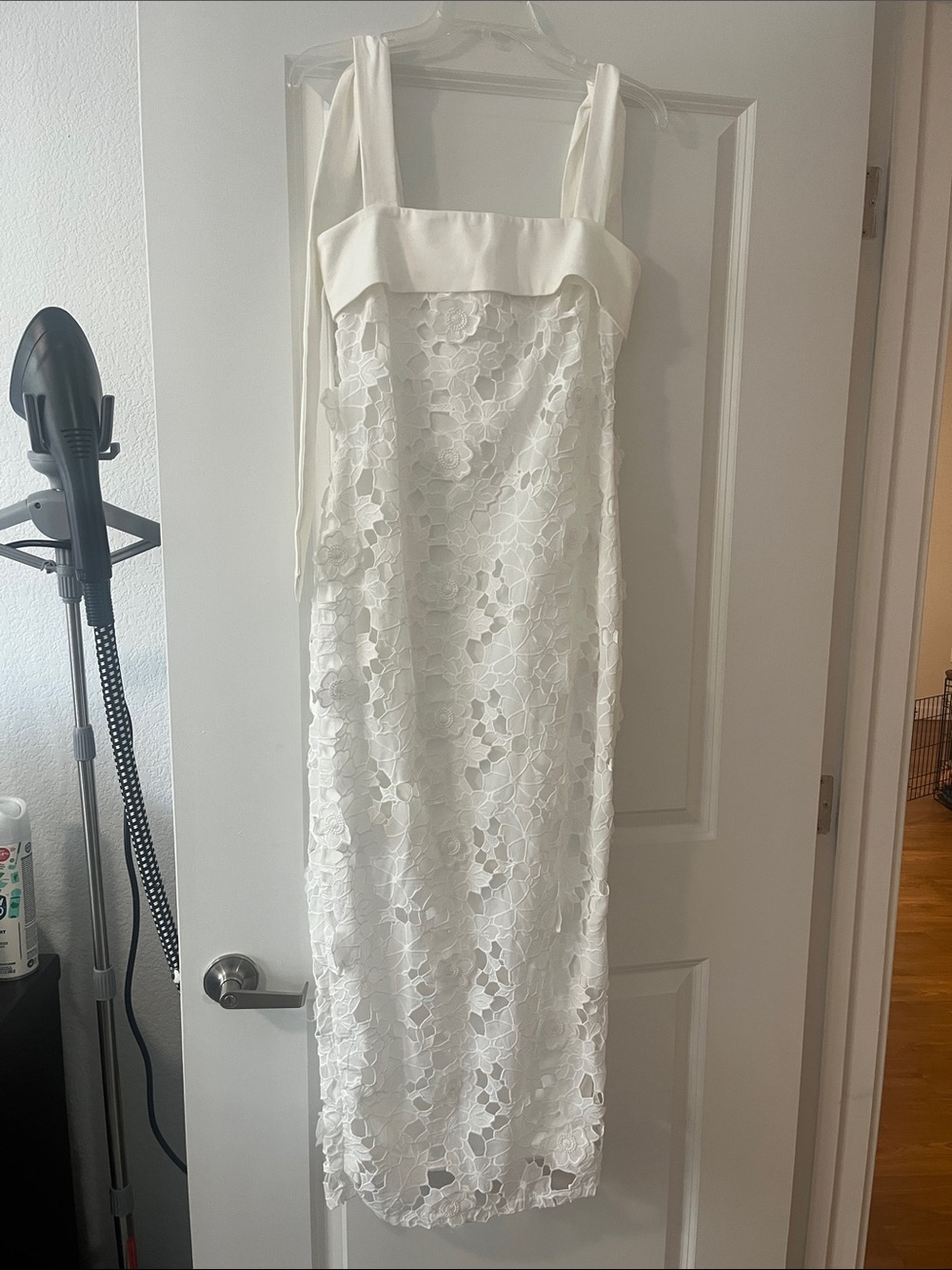 Petal and Pup Emersyn White Midi Lace Dress with Tie-Strap Shoulders
